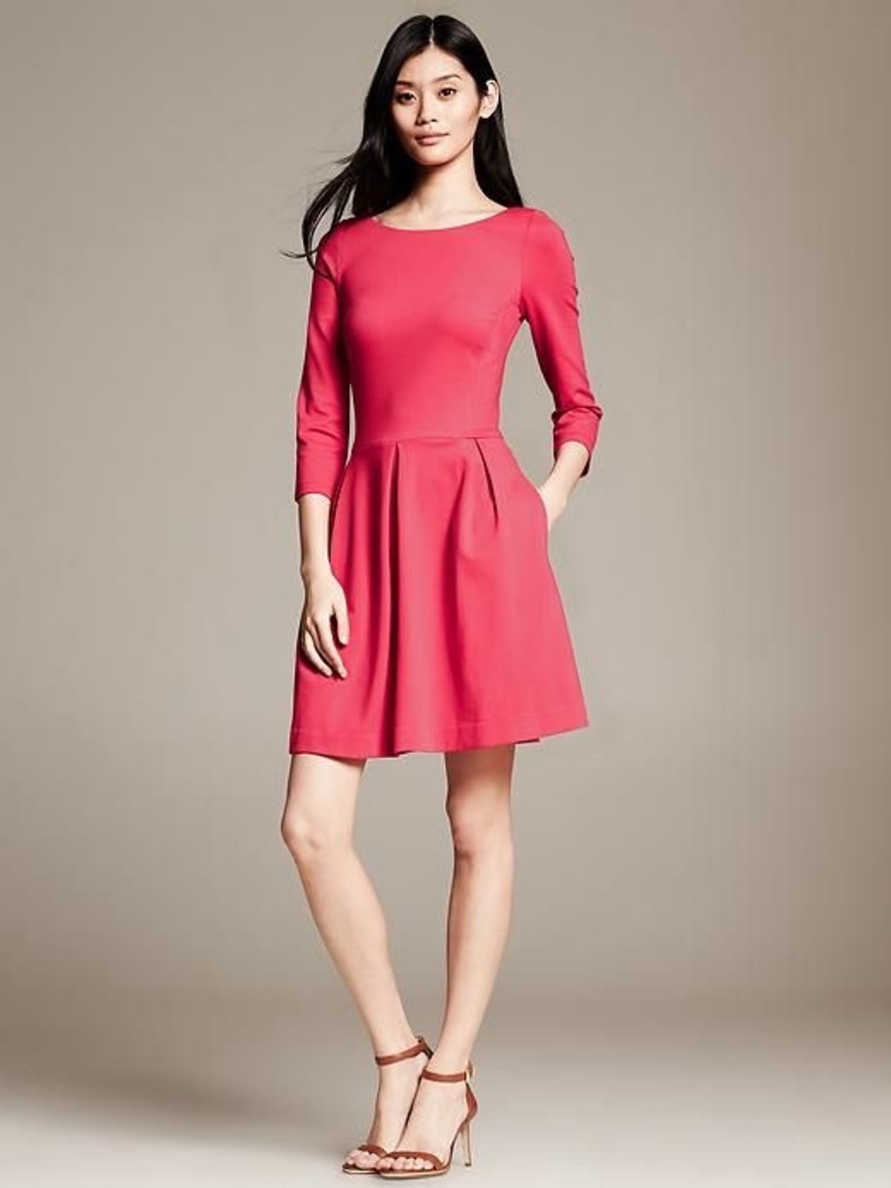 Banana Republic Fit Flare Half Sleeve Pleated Ponte Minimalist Classic Dress 0